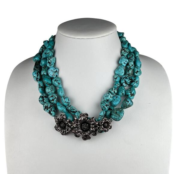 Lucky Brands Faux Turquoise Necklace 19" Triple Strand Flower Statement - Picture 1 of 11